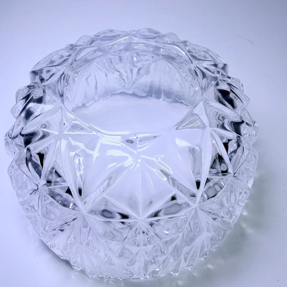 Vintage Clear Pressed‎ Glass Covered Candy Dish Starburst Diamond Pattern Lid
